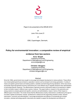 Policy for Environmental Innovation