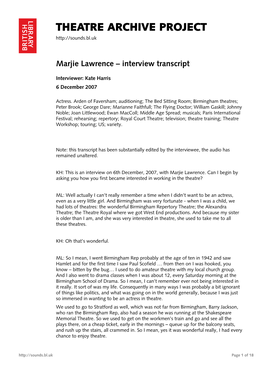Theatre Archive Project: Interview with Marjie Lawrence