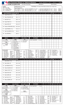 San Francisco Giants Vs. Oakland Athletics Sunday, September 27, 2015 W 1:05 P.M