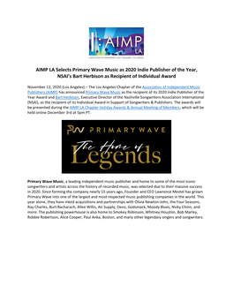 AIMP LA Selects Primary Wave Music As 2020 Indie Publisher of the Year, NSAI’S Bart Herbison As Recipient of Individual Award