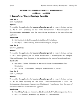 I. Transfer of Stage Carriage Permits Item No