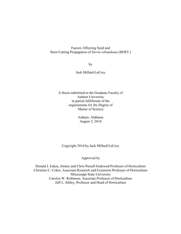 Factors Affecting Seed and Stem Cutting Propagation of Stevia Rebaudiana (BERT.)