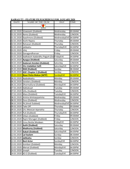 Kairali Tv - Feature Film Schedule for January 2020 Date Name of the Film Day Time
