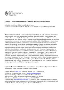 Earliest Cretaceous Mammals from the Western United States