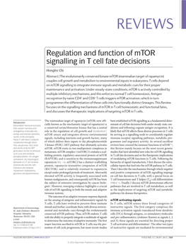 Regulation and Function of Mtor Signalling in T Cell Fate Decisions