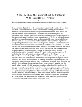 Yom Tov Sheni Shel Galuyyot and the Minhagim with Regard to the Travelers Or the Problems of the Second Festival Day and the Customs with Regard to the Travelers