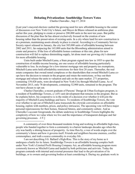 Debating Privatization: Southbridge Towers Votes Charles Chawalko , Sep 17, 2014