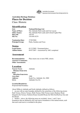 The Adelaide Park Lands and City Layout Other Names: the Adelaide Park Lands and Colonel Lights Plan Place ID: 105758 File No: 3/03/001/0279