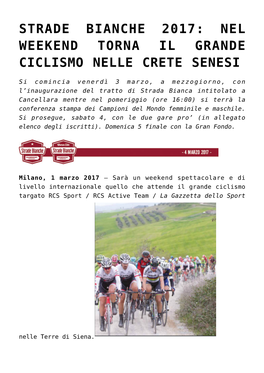 Strade Bianche 2017: Nel Weekend Torna Il Grande Ciclismo Nelle Crete Senesi