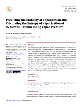 Predicting the Enthalpy of Vaporization and Calculating the Entropy of Vaporization of 87 Octane Gasoline Using Vapor Pressure