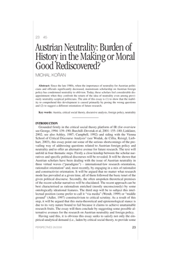 Austrian Neutrality: Burden of History in the Making Or Moral Good Rediscovered? MICHAL KOŘAN