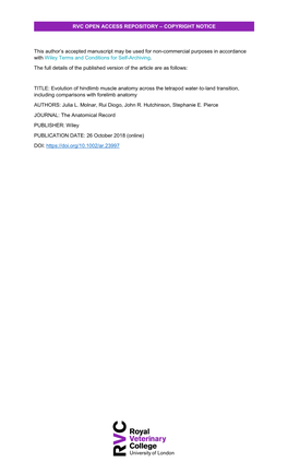 Evolution of Hindlimb Muscle Anatomy Across the Tetrapod Water-To-Land Transition, Including Comparisons with Forelimb Anatomy