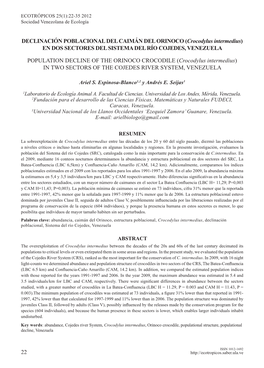 Crocodylus Intermedius) EN DOS SECTORES DEL SISTEMA DEL RÍO COJEDES, VENEZUELA