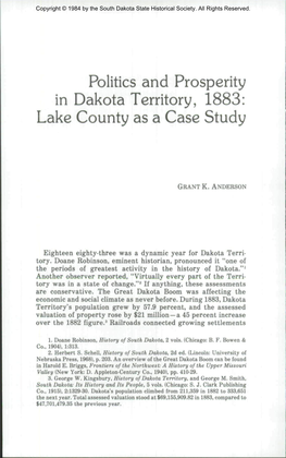 Politics and Prosperity in Dakota Territory, 1883: Lake County As a Case Study