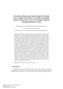 From Dasar Bhuawana Gelgel Temple to Punduk Dawa Temple (The History of Subaltern Struggle Between Clan Pasek Versus Adat Gelgel Village in Klungkung Regency, Bali)