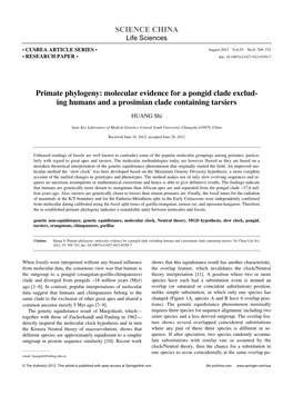 Primate Phylogeny: Molecular Evidence for a Pongid Clade Exclud- Ing Humans and a Prosimian Clade Containing Tarsiers