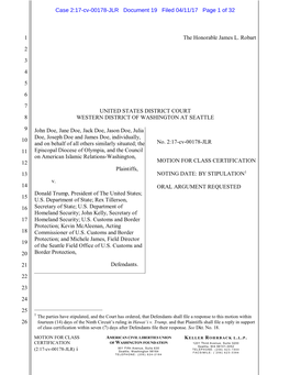 MOTION for CLASS CERTIFICATION Plaintiffs, 13 NOTING DATE: by STIPULATION1 V