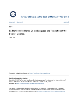 La Trahison Des Clercs: on the Language and Translation of the Book of Mormon
