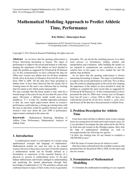 Mathematical Modeling Approach to Predict Athletic Time, Performance