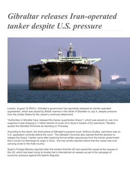 Gibraltar Releases Iran-Operated Tanker Despite U.S. Pressure