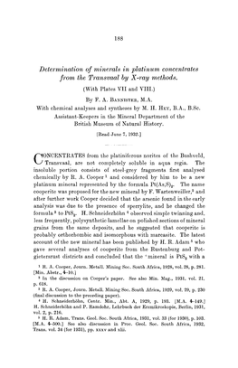 Determination of Minerals in Platinum Concentrates from the Transvaal by X-Ray Methods. (With Plates VII and VIII.) by F