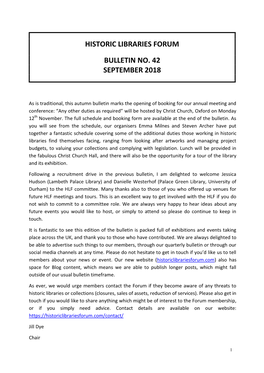 Historic Libraries Forum Bulletin No. 42 September 2018