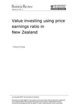 Value Investing Using Price Earnings Ratio in New Zealand