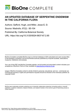An Updated Database of Serpentine Endemism in the California Flora