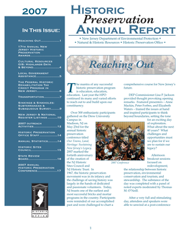 Historic Preservation in This Issue: Annual Report • New Jersey Department of Environmental Protection • Reaching Out