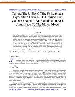 Testing the Utility of the Pythagorean Expectation Formula on Division One College Football: an Examination and Comparison to the Morey Model Cary A