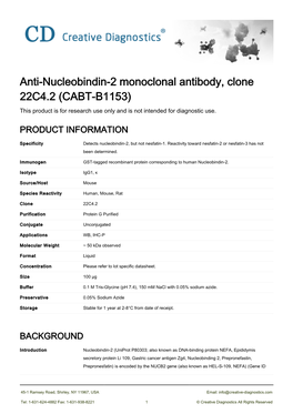 Anti-Nucleobindin-2 Monoclonal Antibody, Clone 22C4.2 (CABT-B1153) This Product Is for Research Use Only and Is Not Intended for Diagnostic Use