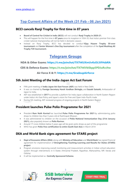 Top Current Affairs of the Week (31 Feb - 06 Jan 2021)