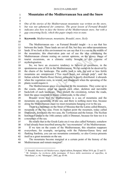 Mountains of the Mediterranean Sea and the Snow 2 3 4 One of the Stories of the Mediterranean Mountains Was Written on the Snow, 5 but Was Not Ephemeral for Centuries
