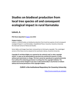 Studies on Biodiesel Production from Local Tree Species Oil and Consequent Ecological Impact in Rural Karnataka