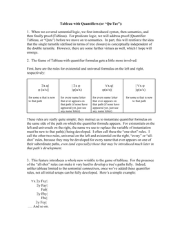 Tableau with Quantifiers (Or “Qu-Tee”)