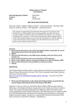 Ghana – Dagbon Chieftaincy Dispute – Andani and Abudu – December 2008 Elections: Results & Violence – NPP Supporters – Internal Relocation