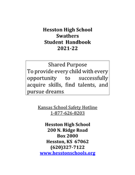 Hesston High School Swathers Student Handbook 2021-22