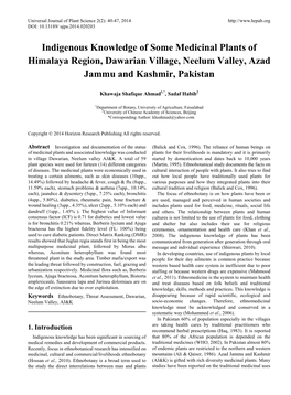 Indigenous Knowledge of Some Medicinal Plants of Himalaya Region, Dawarian Village, Neelum Valley, Azad Jammu and Kashmir, Pakistan