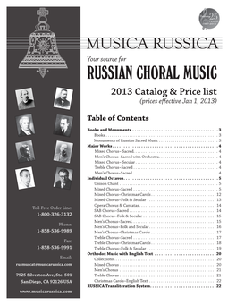 RUSSIAN CHORAL MUSIC 2013 Catalog & Price List (Prices Effective Jan 1, 2013)