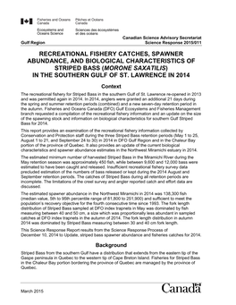 Recreational Fishery Catches, Spawner Abundance, and Biological Characteristics of Striped Bass (Morone Saxatilis) in the Southern Gulf of St