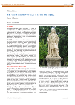 Sir Hans Sloane (1660-1735): His Life and Legacy