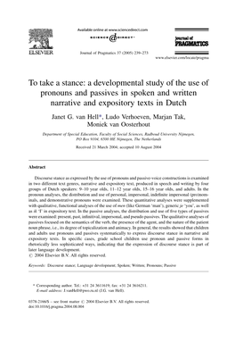 A Developmental Study of the Use of Pronouns and Passives in Spoken and Written Narrative and Expository Texts in Dutch Janet G