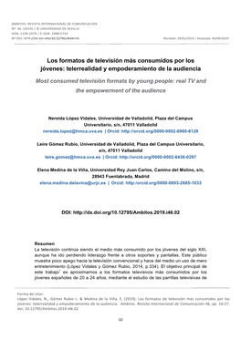 Los Formatos De Televisión Más Consumidos Por Los Jóvenes: Telerrealidad Y Empoderamiento De La Audiencia