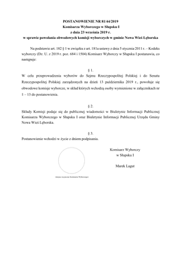 POSTANOWIENIE NR 81/44/2019 Komisarza Wyborczego W Słupsku I Z Dnia 23 Września 2019 R. W Sprawie Powołania Obwodowych Komisji Wyborczych W Gminie Nowa Wieś Lęborska