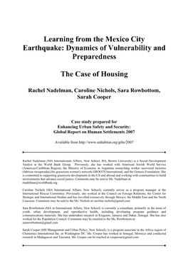 Learning from the Mexico City Earthquake: Dynamics of Vulnerability and Preparedness