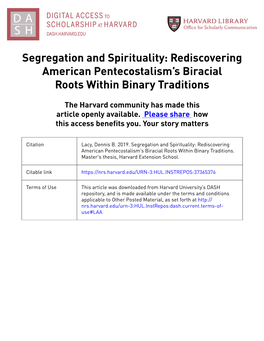 Segregation and Spirituality: Rediscovering American Pentecostalism’S Biracial Roots Within Binary Traditions