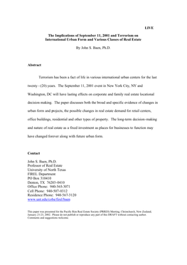 The Implications of September 11, 2001 and Terrorism on International Urban Form and Various Classes of Real Estate