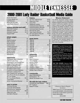 MIDDLE TENNESSEE 2000-2001 Lady Raider Basketball Media Guide Media Information