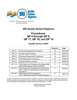 Procedures: QP 4 Through QP 8, QP 17, QP 18, and QP 19