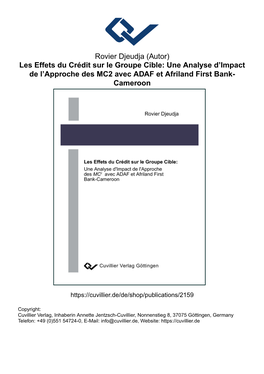 Les Effets Du Crédit Sur Le Groupe Cible: Une Analyse D’Impact De L’Approche Des MC2 Avec ADAF Et Afriland First Bank- Cameroon